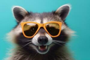 confident animal glasses music background young raccoon fun pet portrait party. Generative AI. photo
