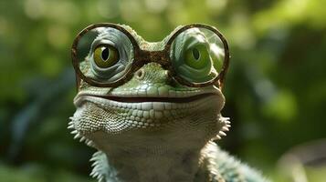 iguana glasses lizard animal wildlife close-up portrait scale green reptile. Generative AI. photo