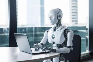 paper document laptop robot technology ai office artificial digital hand. . photo