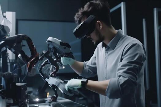 hombre robot tecnología tridimensional robótico futuro inteligencia innovación lentes virtual ingeniero 3d artificial. generativo ai. foto