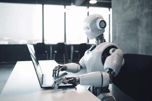 document digital robot technology artificial paper office hand laptop ai. . photo