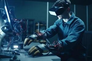 innovation man future computer engineer robot 3d three-dimensional virtual robotic technology glasses. . photo