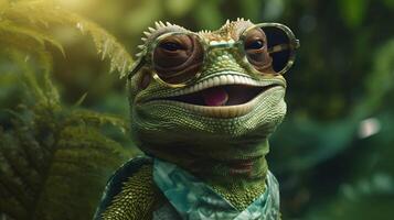 wildlife glasses close-up animal reptile scale lizard green portrait iguana. . photo