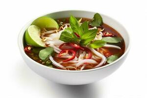 food cuisine asian soup white noodle traditional broth bowl background dish. Generative AI. photo