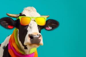 cow character cute colourful funny head animal portrait face sunglasses. Generative AI. photo