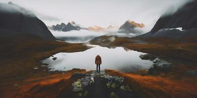 man water lake yellow summer back cape hiking travel mountain nature. . photo