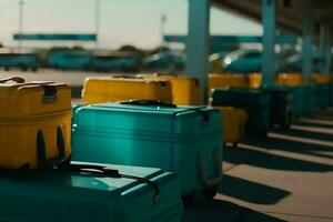 flight air bag business transportation terminal travel suitcase departure baggage. Generative AI. photo