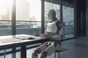 laptop document paper hand technology digital ai robot artificial office. . photo