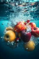 Fresco comida agua vitamina burbuja fresa sano Fruta antecedentes soltar verde. generativo ai. foto