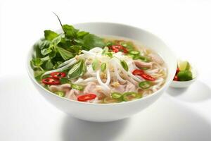 dish pho soup asian broth food background white bowl traditional bo noodle. Generative AI. photo