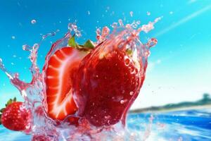 water background blue red freshness fresh splash strawberry food healthy fruit. Generative AI. photo