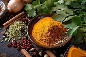 dry powder seasoning food herb spice background indian space ingredient copy cooking. . photo