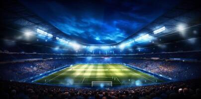 arena stadium light football goal sport world soccer green game. Generative AI. photo