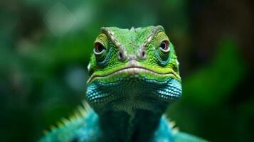 wildlife scale portrait animal glasses close-up lizard iguana green reptile. Generative AI. photo