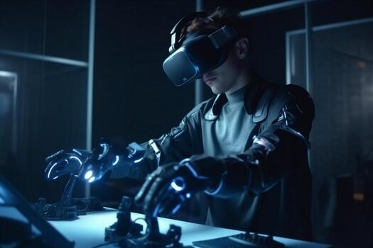 hombre ingeniero innovación virtual tridimensional lentes robot 3d negocio tecnología futuro robótico generativo ai. foto