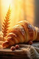 drink breakfast background view bakery table cup food croissant bokeh background morning. Generative AI. photo