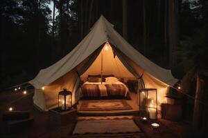 travel vacation camping glamping nature luxury forest canvas light tent. Generative AI. photo