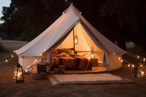 vacation canvas light camping tent travel nature forest luxury glamping. . photo