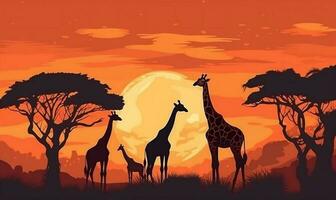 elephant safari wild nature animal sunset silhouette africa wildlife giraffe. Generative AI. photo