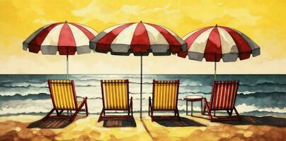 watercolor relax resort vacation background summer chair umbrella beach rest sun. Generative AI. photo