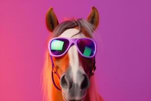 funny goggles smile banner horse portrait sunglasses animal background colourful fun. Generative AI. photo