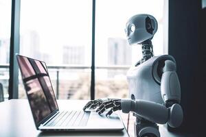laptop hand digital technology robot ai office artificial paper document. . photo