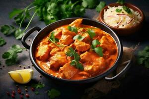 masala indian chicken dark background sauce spice asian traditional rice hot. Generative AI. photo