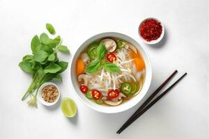 food soup background asian dish white bowl traditional noodle healthy broth. Generative AI. photo