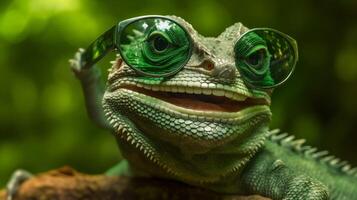 lizard portrait wildlife glasses reptile animal scale close-up green iguana. Generative AI. photo