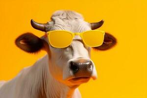 cow colourful sunglasses animal face head funny character portrait cute. Generative AI. photo