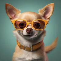 dog glasses pet portrait background animal chihuahua yellow tie puppy cute. Generative AI. photo