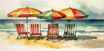watercolor rest umbrella summer resort vacation background chair beach relax coast. Generative AI. photo