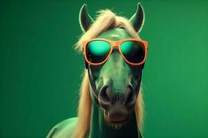 fun goggles cartoon background portrait sunglasses colourful animal horse smile funny. Generative AI. photo