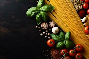 raw macaroni cooking food background pasta italian uncooked ingredient healthy spaghetti. Generative AI. photo
