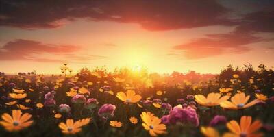 background meadow field spring summer nature rural flower countryside sunset landscape. Generative AI. photo