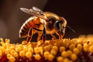 bee nature yellow gold insect honey background macro vibrant pollen closeup. Generative AI. photo