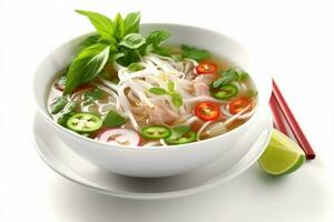 food bowl soup dish broth background noodle meal white asian traditional. Generative AI. photo