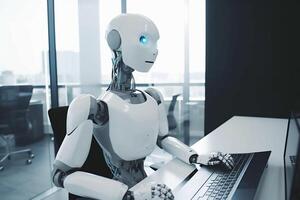 ai technology paper robot document office hand digital laptop artificial. . photo