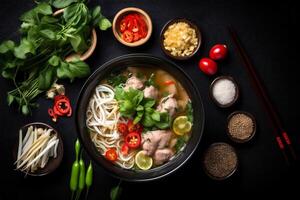 soup japanese food vegetable meal noodle bowl hot asian broth background. Generative AI. photo