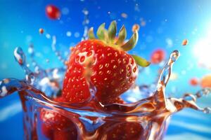 food blue water splash strawberry fresh background freshness red healthy fruit. Generative AI. photo