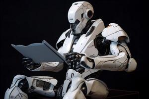 office hand robot document paper technology digital laptop ai artificial. . photo