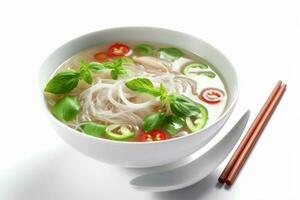 soup broth traditional background dish pho food asian noodle white bowl. Generative AI. photo