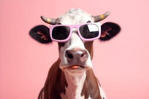 cute character head portrait sunglasses cow face animal funny colourful. Generative AI. photo