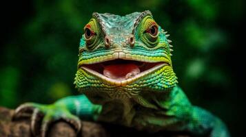 scale wildlife glasses reptile portrait iguana animal close-up green lizard. Generative AI. photo