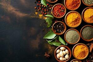 background cooking indian ingredient dry food seasoning powder herb spice spicy. Generative AI. photo