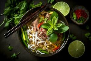 meal bowl food cookery noodle vegetable asian hot japanese background soup. Generative AI. photo