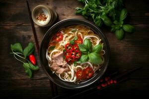 food japanese hot meal black background soup vegetable noodle asian bowl. Generative AI. photo
