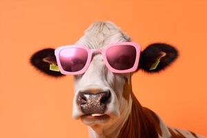 head portrait character cow sunglasses cute funny animal colourful face. Generative AI. photo