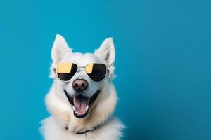 dog pet funny isolated smile animal yellow background sunglasses cute portrait. Generative AI. photo