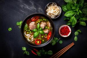 bowl food japanese soup background hot noodle meal vegetable asian lunch. Generative AI. photo